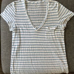 J. Crew Linen Blue and White Striped V-Neck T-Shirt Women’s Medium